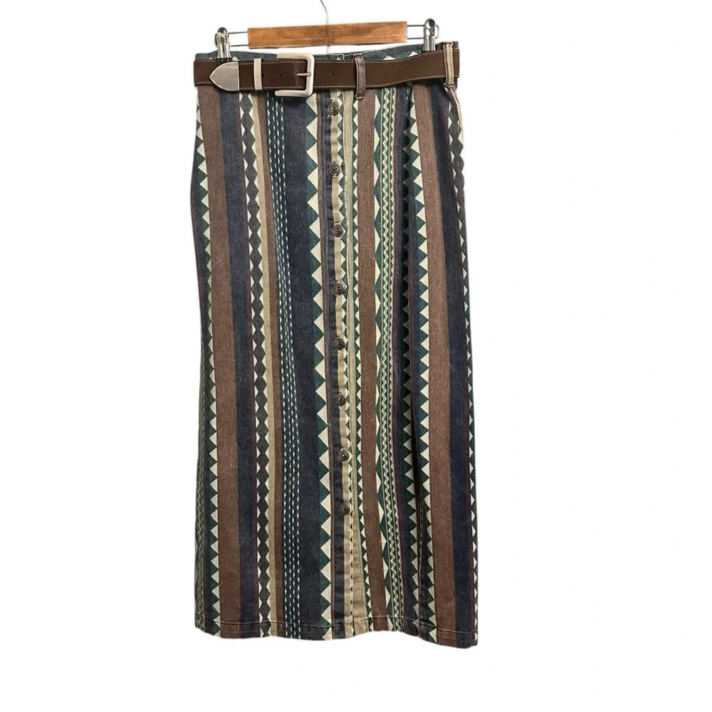 Vintage Denim Vest and Skirt Set Western Geometric Women’s Medium USA Prairie - Picture 2 of 8